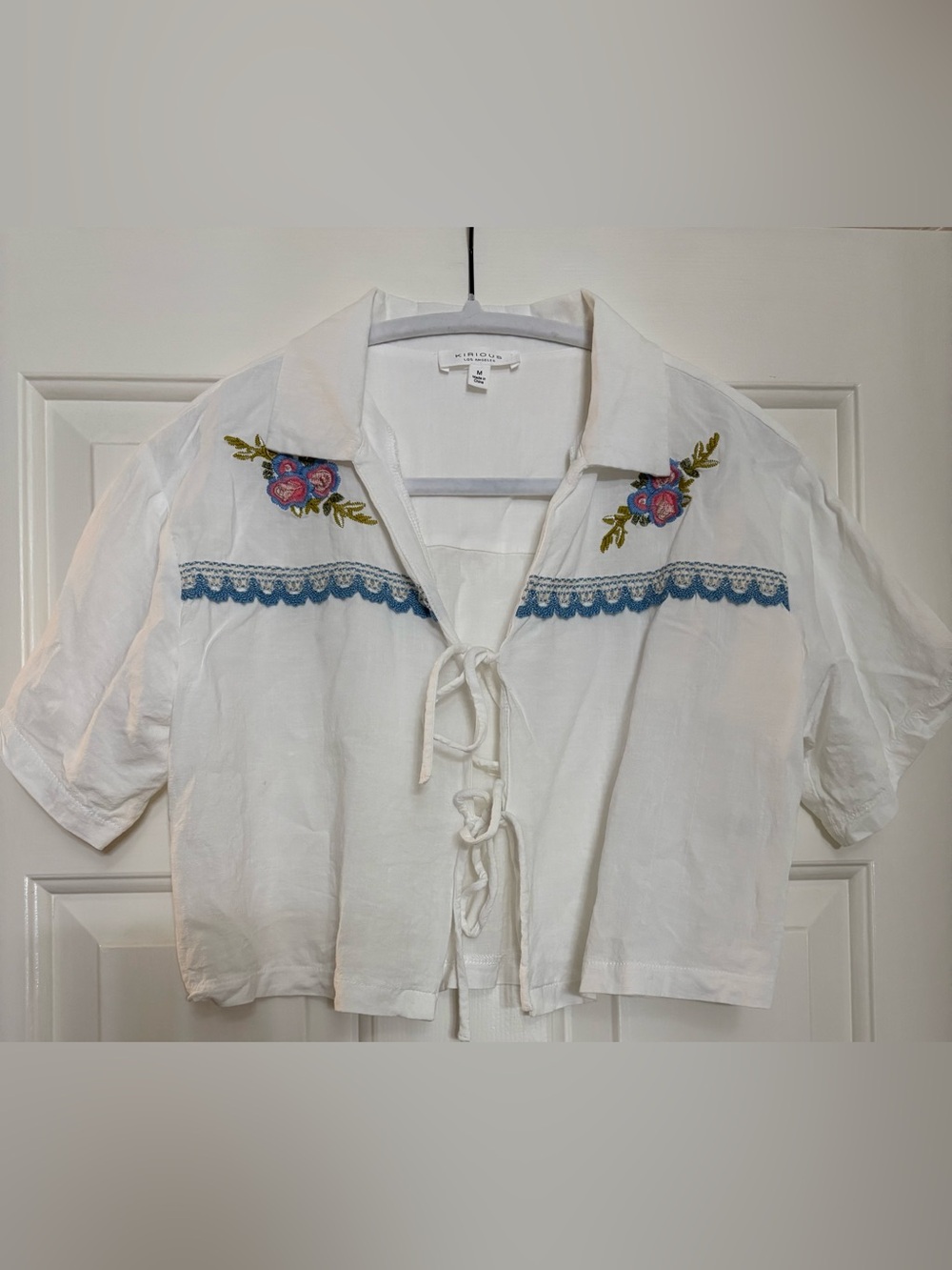 Kirious White Embroidered Tie-Front Top with Blue Cross-Stitch Trim